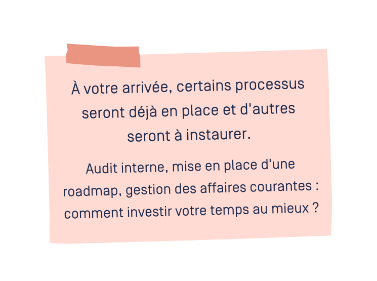 À votre arrivée, certains processus seront déjà en place et d'autres seront à instaurer.Audit interne, mise en place d'une roadmap, gestion des affaires courantes : comment investir votre temps au mieux ? À votre arrivée, certains processus seront déjà en place et d'autres seront à instaurer.Audit interne, mise en place d'une roadmap, gestion des affaires courantes : comment investir votre temps au mieux ?